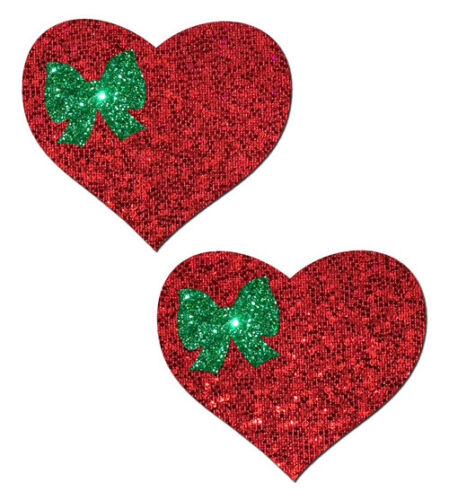 Red Glitter Heart with Green Bow Nipple Pasties by Pastease.