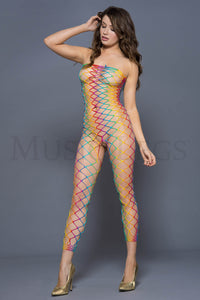 Women's, Strapless Big Diamond Net Rainbow Footless Bodystockings. Music Legs 1177