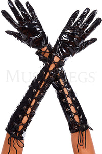 Women's, Wet Look Ribbon Lace Up, Costume Gloves. Music Legs 404 Black