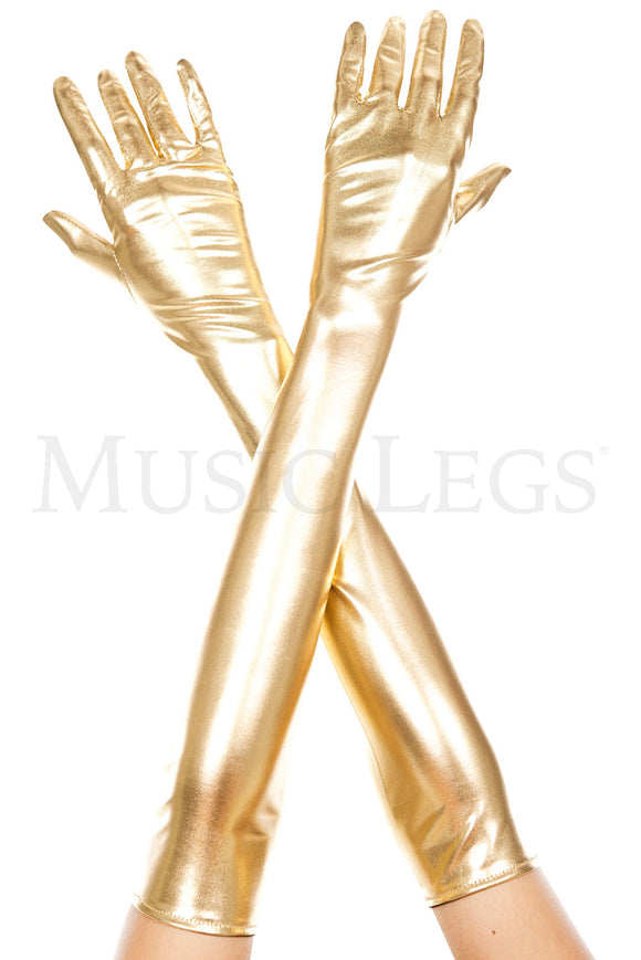 Women's, Extra Long Metallic Gloves. Music Legs 457 Gold