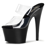 Pleaser Adore-702 Women's Stiletto 7" Heel Two-Band Slide Platform Sandal. Clear/Black