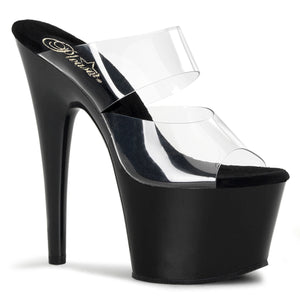 Pleaser Adore-702 Women's Stiletto 7" Heel Two-Band Slide Platform Sandal. Clear/Black
