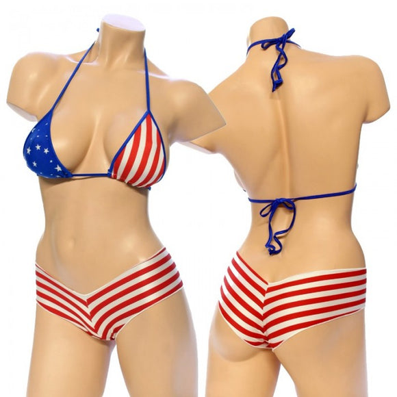 Exotic. Star and Stripe Flag Print Bikini Top Short Set.  HE-1171