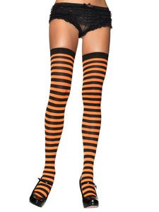Women's. Striped Opaque Nylon Thigh High Stockings. Leg Avenue 6005 Blk/Orange
