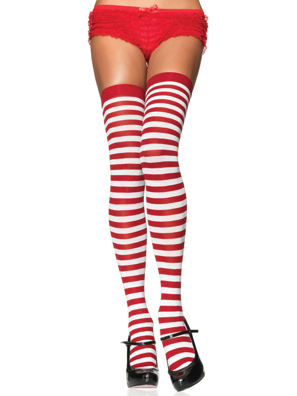 Women's. Striped Opaque Nylon Thigh High Stockings. Leg Avenue 6005 Wht/Red