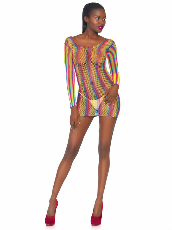 Women's,Rainbow fishnet long sleeved mini dress. Leg Avenue-86795