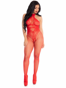 Women's, Fishnet Seamless Halter Bodystocking W/Floral Lace Hourglass.Leg Avenue-89186