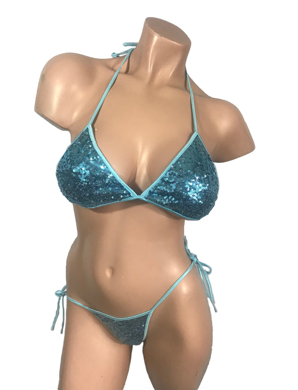 CHZ-1027 Butterfly Tie Side Sequence Bikini Set. Baby/Blue  Sequence