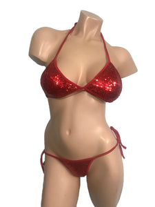 CHZ-1027 Butterfly Tie Side Sequence Bikini Set. Red Sequence