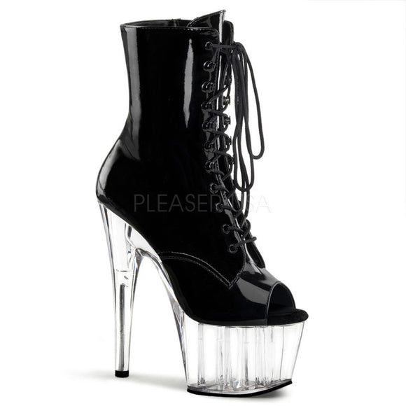 Pleaser Adore-1021 Clubwear, Front Lace Ankle High Platform Boots. Black/Clear