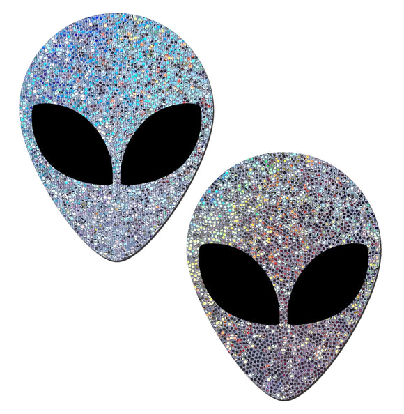 Silver Glitter Alien with Spacey Black Eyes Nipple Pasties by Pastease.