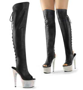 Pleaser BEJEWELED-3019DM Exotic Dancing Clubwear 7" Heel Platform. Thigh Hi Boot. Black/Faux/Leather