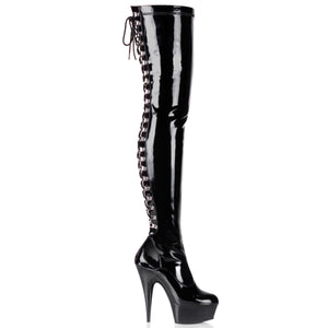 Pleaser DELIGHT-3063 Exotic Dancing, Clubwear 6" Platform Thigh High Boot. Black Stretch/Patent