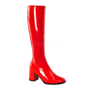 Pleaser Gogo-300 Women's Gogo Boot Stretch 3" Heel Full Inner Side Zipper. Red/Patent