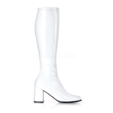 Pleaser Gogo-300 Women's Gogo Boot Stretch 3" Heel Full Inner Side Zipper. White/Patent