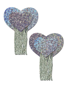 Love: Silver Glitter Hearts with Tassel Fringe Nipple Pasties by Pastease