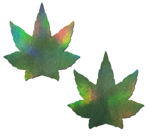 Indica Pot Leaf: Green Holographic Weed Nipple Pasties by Pastease.
