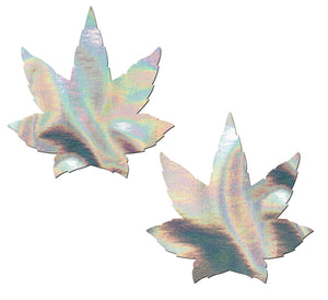 Indica Pot Leaf: Silver Holographic Weed Nipple Pasties by Pastease.