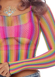 Women's, Exotic, Bodysuits, Rainbow Fishnet Long Sleeved Crop Top. LA-81600