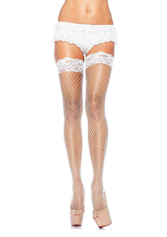 Women's Silicone Lace Top Lycra Fishnet Thigh High Stockings. Leg Avenue 9201 White