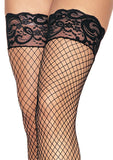 Women's Silicone Lace Top Lycra Fishnet Thigh High Stockings. Leg Avenue 9201 Black