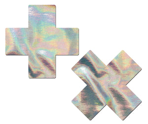 Plus X: Silver Holographic Cross Nipple Pasties by Pastease.