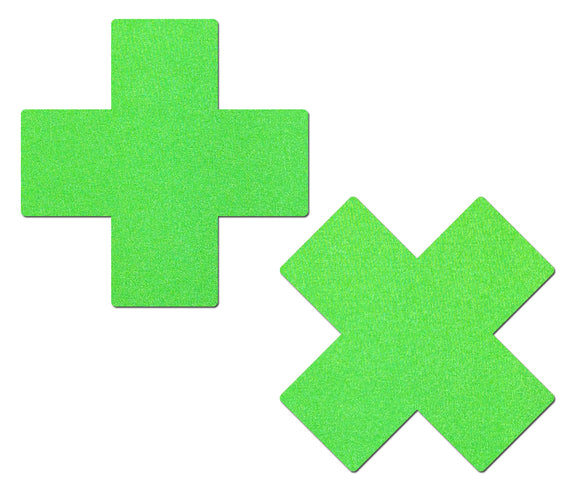 Plus X: Neon Green Day-Glow Lycra Cross Nipple Pasties by Pastease.