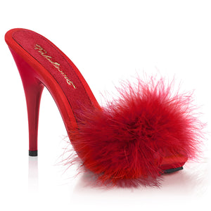 Fabulicious POISE-501F Satin-Maribou Fur 5" High Heel Platform Slide Sandal. Red