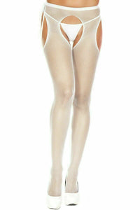 Women's Seamless Suspender Fishnet Pantyhose with Tie Bow. Music Legs 904. White