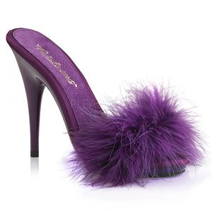 Fabulicious POISE-501F Satin-Maribou Fur 5" High Heel Platform Slide Sandal. Purple