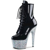 Pleaser Pleaser ADORE-1020LG Exotic Dancing Clubwear Ankle High 7" Heel Platform Boot. Blk Pat/Slv/Glitter
