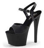 Pleaser Sky-309 Exotic Pole Dancing Shoes, Ankle Strap 7" Heel Platform Sandal. Black Faux Leather