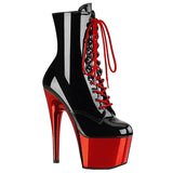 Pleaser Adore-1020 Exotic Dancing, Clubwear, Ankle/Calf 7" Platform Boot. Black/Patent Red/Chrome