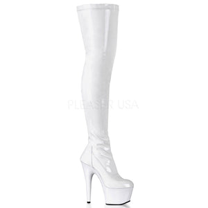 Pleaser ADORE-3000 Exotic Dancing Clubwear Sexy 7" Heel Platform Thigh High Boot. White Stretch/White/Patent