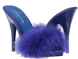 Fabulicious POISE-501F Satin-Maribou Fur 5" High Heel Platform Slide Sandal. Blue