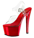 Pleaser Sky-308 Exotic Pole Dancing Shoes, Ankle Strap 7" Heel Platform Sandal. Clear/Red/Chrome