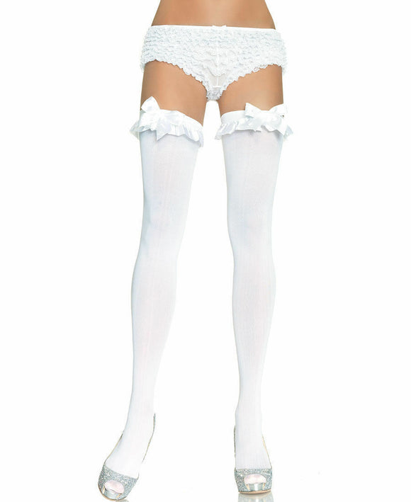Opaque Thigh High Stocking With Satin Ruffle Trim And Bow. Leg Avenue 6010 White