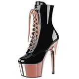Pleaser Adore-1020 Exotic Dancing, Clubwear, Ankle/Calf 7" Platform Boot. Black/Patent Rose Gold/Chrome