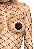 High Neck Fence Net Long Sleeved Bodysuit w/snap Thong Panty. LA-89210 Black.
