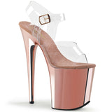 Pleaser FLAMINGO-808 Exotic Dancing Shoes, 8" Heel Ankle Strap Platform Sandal. Clr/Rose Gold Chrome