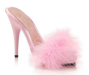 Fabulicious POISE-501F Satin-Maribou Fur 5" High Heel Platform Slide Sandal. Baby/Pink