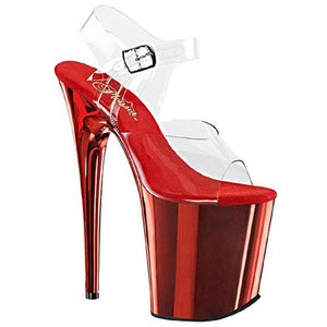 Pleaser FLAMINGO-808 Exotic Dancing Shoes, 8" Heel Ankle Strap Platform Sandal. Clr/Red Chrome