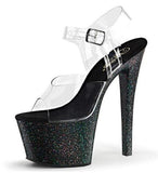 Pleaser SKY-308MG Exotic Dancing, Ankle Strap Stiletto 7" Heel Platform Sandal. Clear/Black-Glitter