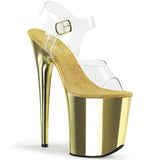 Pleaser FLAMINGO-808 Exotic Dancing Shoes, 8" Heel Ankle Strap Platform Sandal. Clr/Gold Chrome