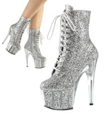 Pleaser Adore-1020G Exotic Dancing Clubwear Glitter Ankle High 7" Platform Boot. Silver/Glitter