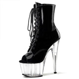 Pleaser Adore-1021 Clubwear, Front Lace Ankle High Platform Boots. Black/Clear