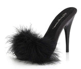 Fabulicious POISE-501F Satin-Maribou Fur 5" High Heel Platform Slide Sandal. Black