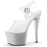 Pleaser SKY-308MG Exotic Dancing, Ankle Strap Stiletto 7" Heel Platform Sandal. Clear/Silver-Glitter