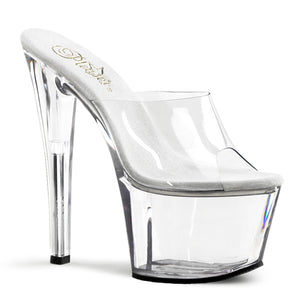 Pleaser SKY-301 Exotic, Clubwear Shoes, Slip On 7" Heel Platform Sexy Sandal.  All Clear