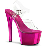 Pleaser Sky-308 Exotic Pole Dancing Shoes, Ankle Strap 7" Heel Platform Sandal. Clear/Hot Pink/Chrome